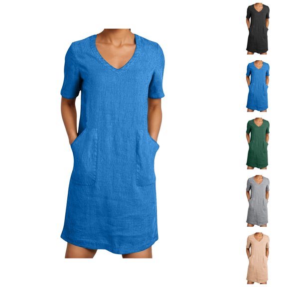 Tshirt Dress Women Summer Cotton Linen Short Sleeve V Neck Loose Mini Dresses with Pockets T Shirt Dresses for Women