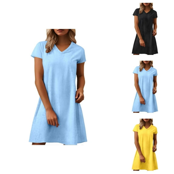 Tshirt Dress Women Summer Plus Size Short Sleeve V Neck Loose Fit Cotton Linen Mini Dresses T Shirt Dresses for Women