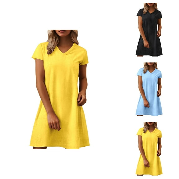 Tshirt Dress Women Summer Plus Size Short Sleeve V Neck Loose Fit Cotton Linen Mini Dresses T Shirt Dresses for Women
