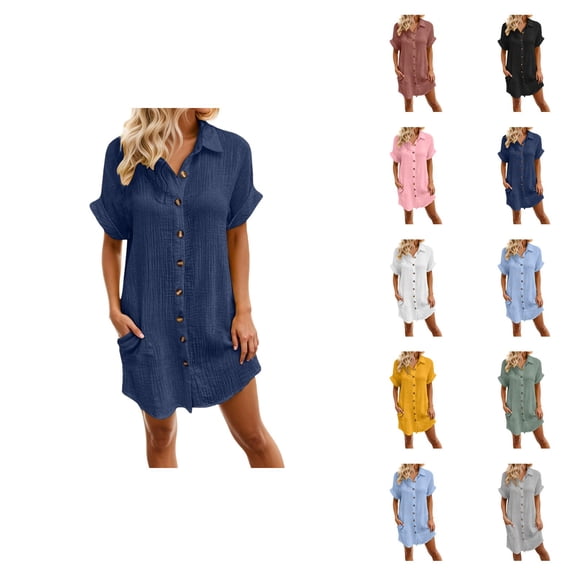 Tshirt Dress Women Summer Short Sleeve Button Down Lapel Loose Fit Mini Dresses with Pockets T Shirt Dresses for Women