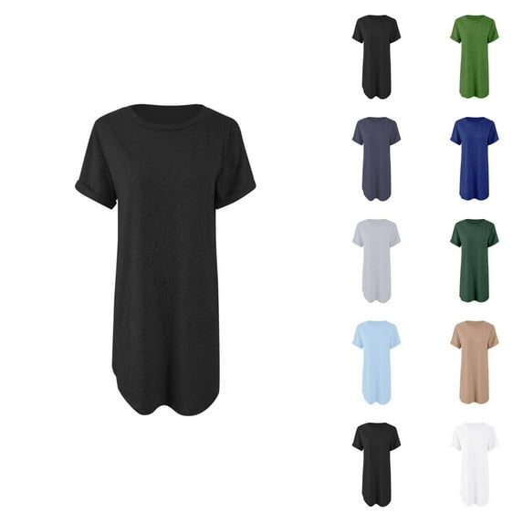 Tshirt Dress Women Summer Short Sleeve Crewneck Curved Hem Mini Dresses with Pockets T Shirt Dresses for Women