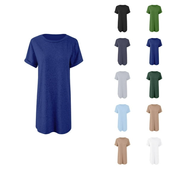 Tshirt Dress Women Summer Short Sleeve Crewneck Curved Hem Mini Dresses with Pockets T Shirt Dresses for Women
