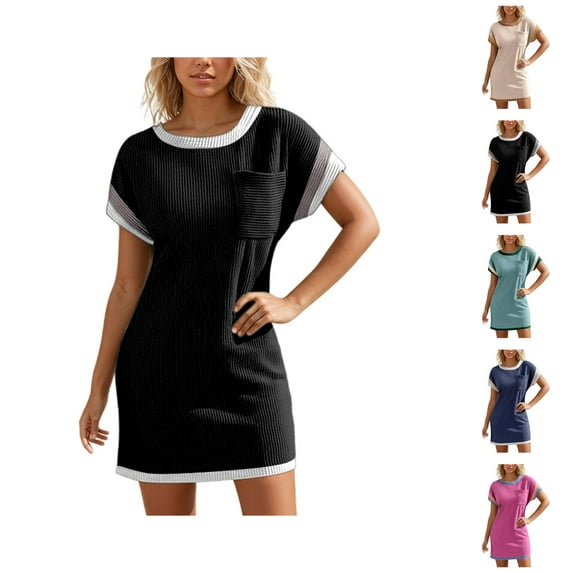 Tshirt Dress Women Summer Short Sleeve Crewneck Pocket Color Block Casual Mini Dresses T Shirt Dresses for Women