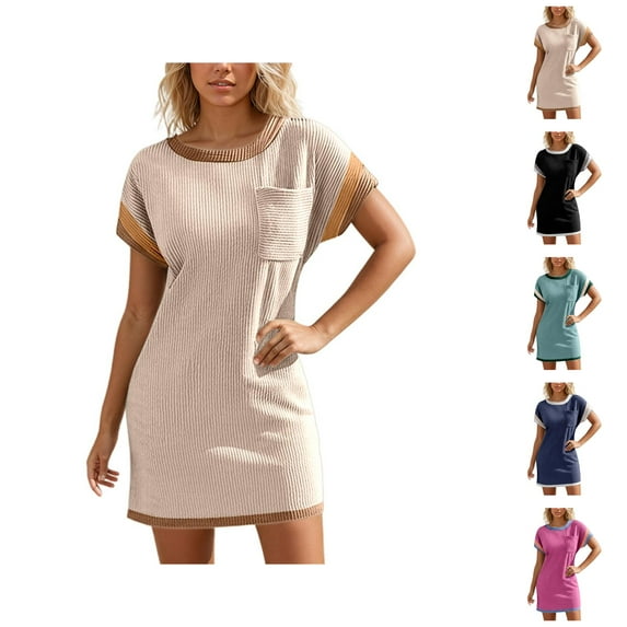 Tshirt Dress Women Summer Short Sleeve Crewneck Pocket Color Block Casual Mini Dresses T Shirt Dresses for Women