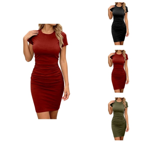 Tshirt Dress Women Summer Short Sleeve Crewneck Ruched Bodycon Knee Length Dress Casual Work Dresses