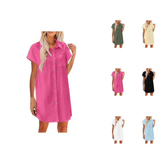 Tshirt Dress Women Summer Short Sleeve Lapel Button Down Linen Casual Mini Dresses T Shirt Dresses for Women