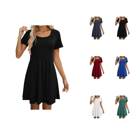 Tshirt Dress Women Summer Short Sleeve Round Neck A Line Front Pleated Casual Mini Dresses T Shirt Dresses for Women