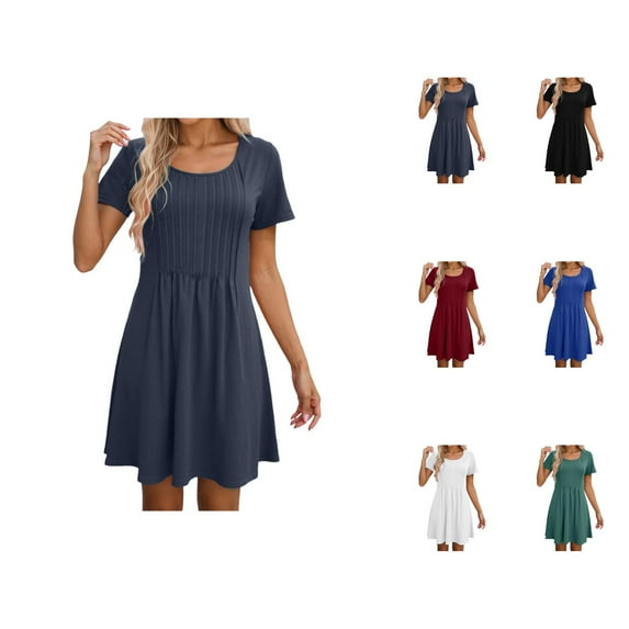 Tshirt Dress Women Summer Short Sleeve Round Neck A Line Front Pleated Casual Mini Dresses T Shirt Dresses for Women