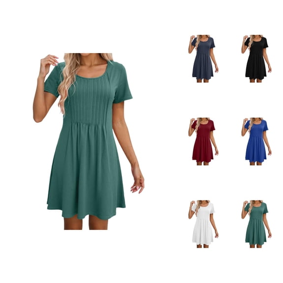 Tshirt Dress Women Summer Short Sleeve Round Neck A Line Front Pleated Casual Mini Dresses T Shirt Dresses for Women