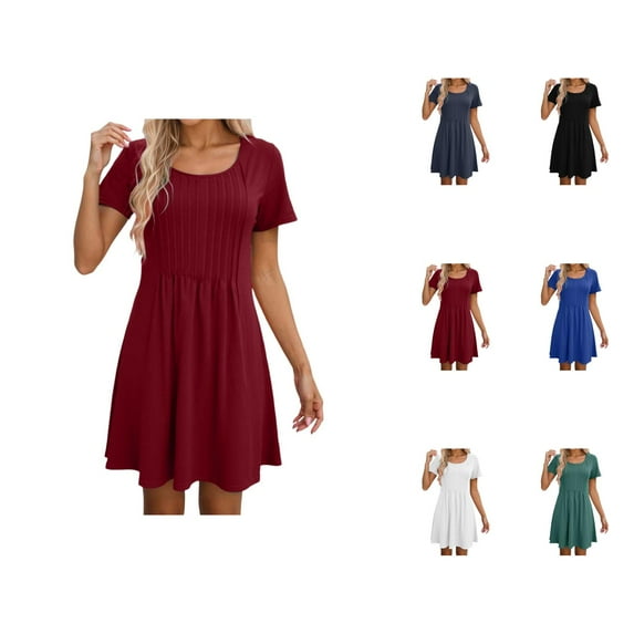 Tshirt Dress Women Summer Short Sleeve Round Neck A Line Front Pleated Casual Mini Dresses T Shirt Dresses for Women