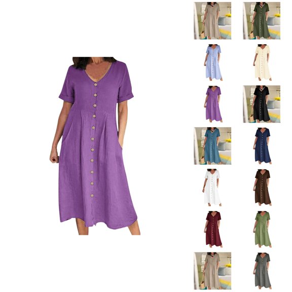 Tshirt Dress Women Summer Short Sleeve V Neck Button Down Casual Midi Dresses with Pockets T Shirt Dresses for Women