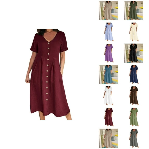 Tshirt Dress Women Summer Short Sleeve V Neck Button Down Casual Midi Dresses with Pockets T Shirt Dresses for Women