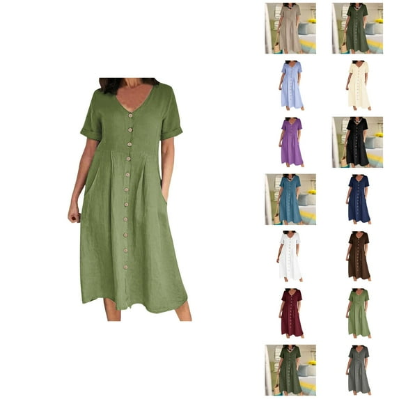 Tshirt Dress Women Summer Short Sleeve V Neck Button Down Casual Midi Dresses with Pockets T Shirt Dresses for Women