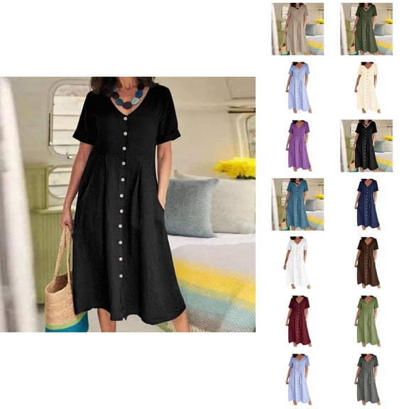 Tshirt Dress Women Summer Short Sleeve V Neck Button Down Casual Midi Dresses with Pockets T Shirt Dresses for Women