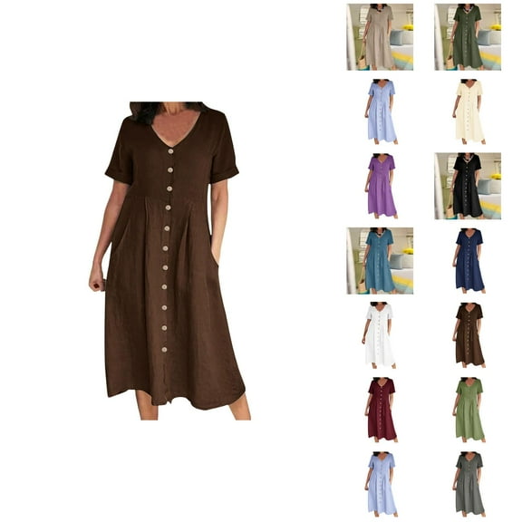 Tshirt Dress Women Summer Short Sleeve V Neck Button Down Casual Midi Dresses with Pockets T Shirt Dresses for Women