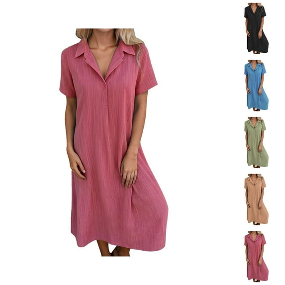 Tshirt Dress Women Summer Short Sleeve V Neck Lapel Loose Fit Casual Midi Dresses T Shirt Dresses for Women