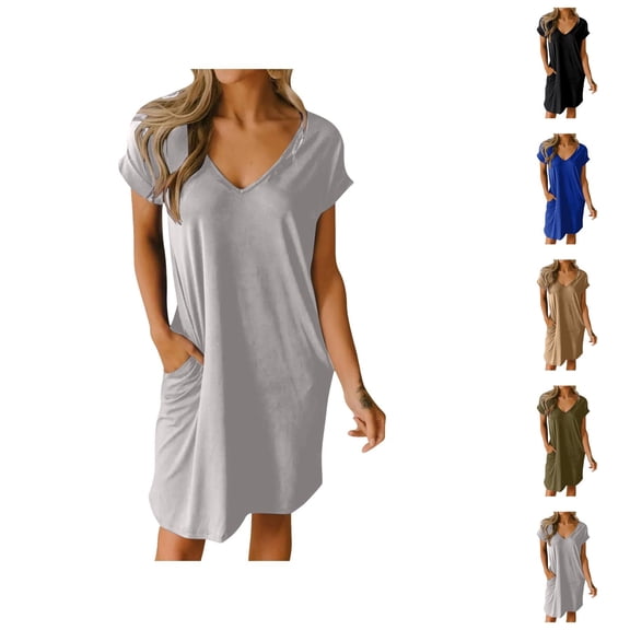 Tshirt Dress Women Summer Short Sleeve V Neck Loose Fit Casual Midi Dresses with Pockets T Shirt Dresses for Women