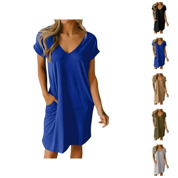 Tshirt Dress Women Summer Short Sleeve V Neck Loose Fit Casual Midi Dresses with Pockets T Shirt Dresses for Women