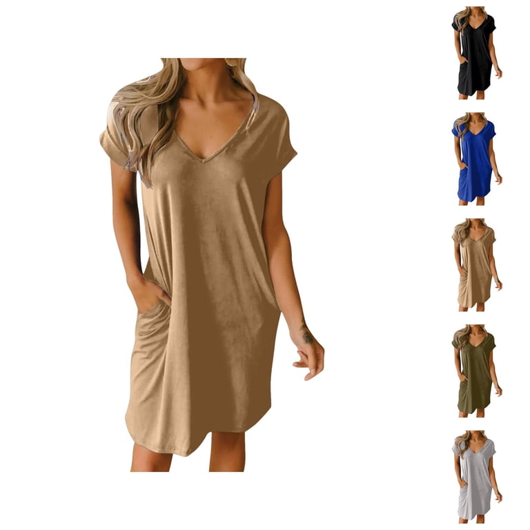 Tshirt Dress Women Summer Short Sleeve V Neck Loose Fit Casual Midi Dresses  with Pockets T Shirt Dresses for Women - Walmart.com