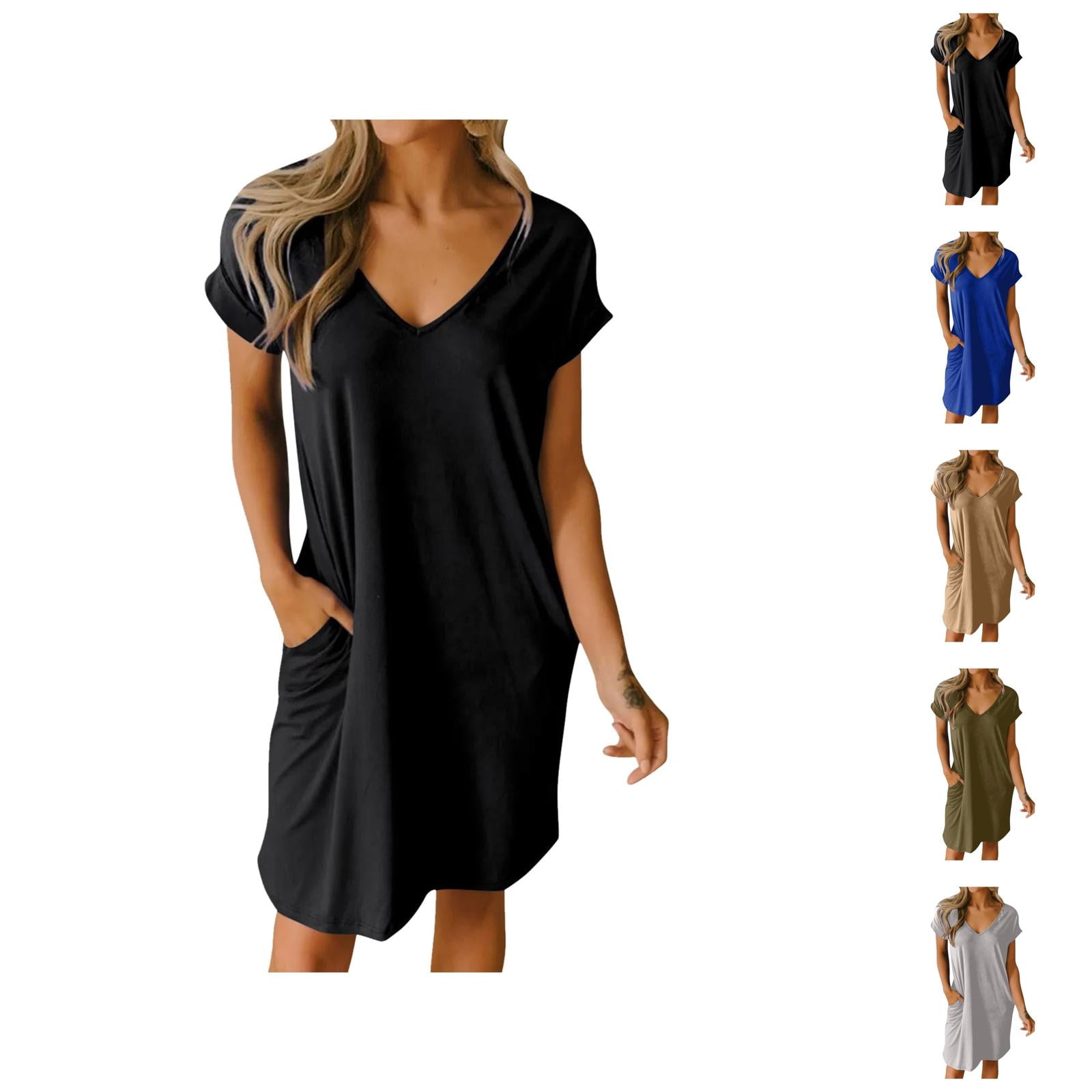 Tshirt Dress Women Summer Short Sleeve V Neck Loose Fit Casual Midi ...
