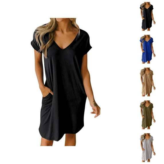 Tshirt Dress Women Summer Short Sleeve V Neck Loose Fit Casual Midi Dresses with Pockets T Shirt Dresses for Women