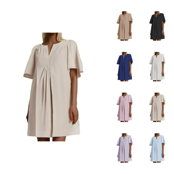 Tshirt Dress Women Summer Short Sleeve V Neck Loose Fit Casual Pleated Flowy Mini Dresses T Shirt Dresses for Women