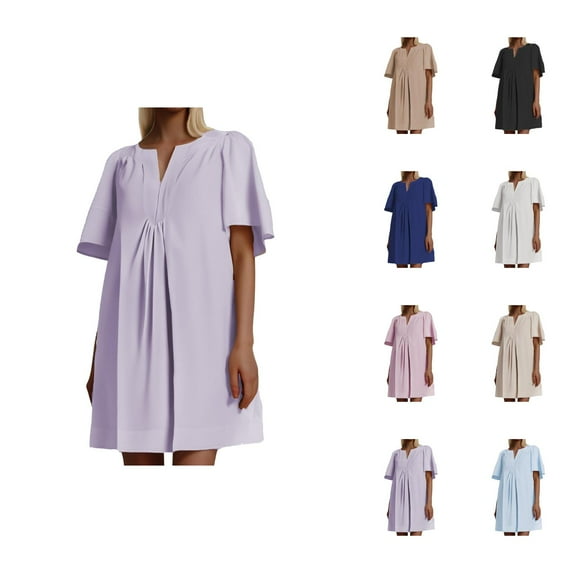 Tshirt Dress Women Summer Short Sleeve V Neck Loose Fit Casual Pleated Flowy Mini Dresses T Shirt Dresses for Women