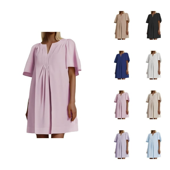 Tshirt Dress Women Summer Short Sleeve V Neck Loose Fit Casual Pleated Flowy Mini Dresses T Shirt Dresses for Women