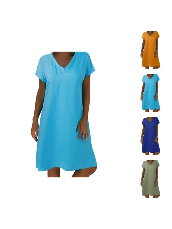 Tshirt Dress Women Summer Short Sleeve V Neck Loose Fit Cotton A Line Casual Midi Dresses T Shirt Dresses for Women