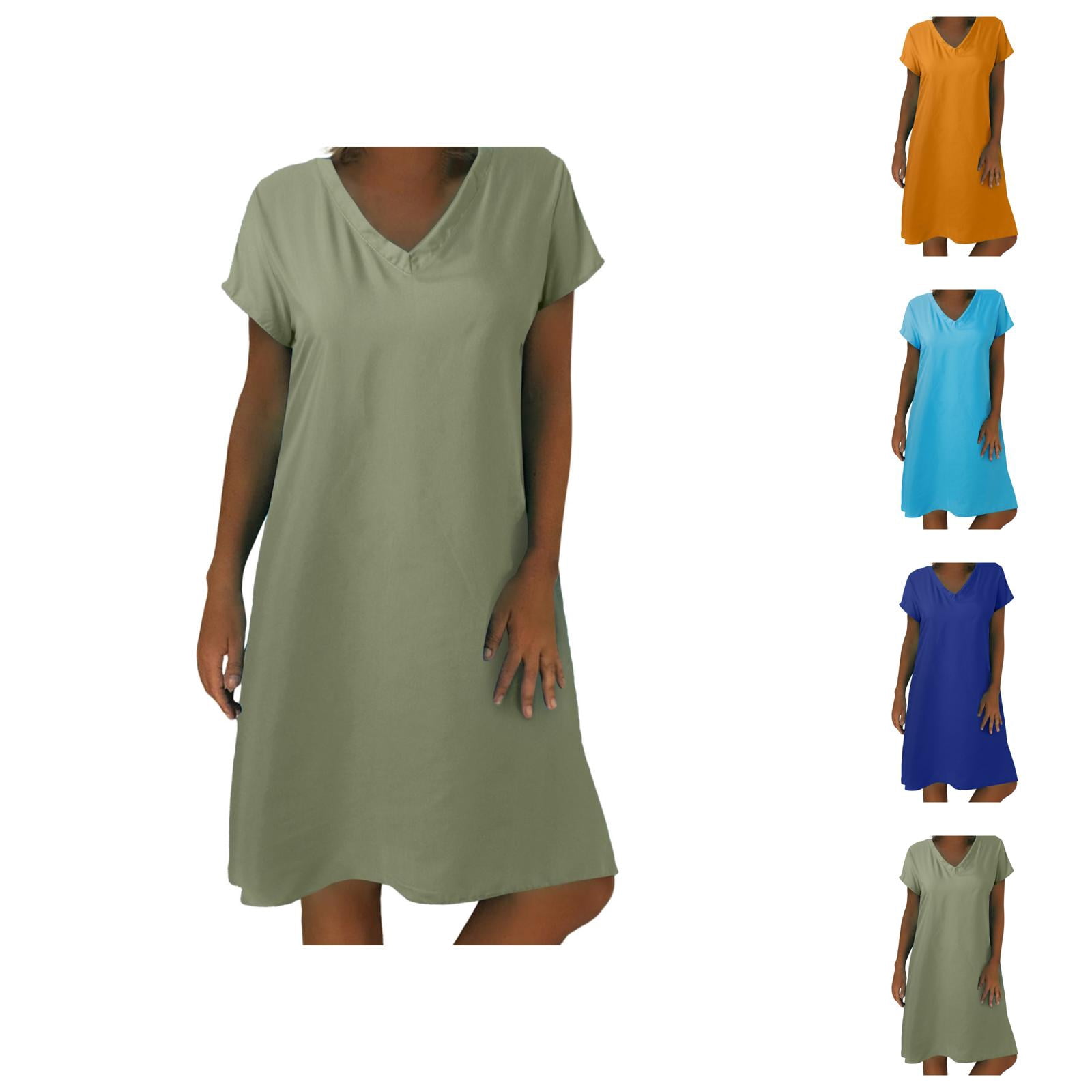 Tshirt Dress Women Summer Short Sleeve V Neck Loose Fit Cotton A Line ...