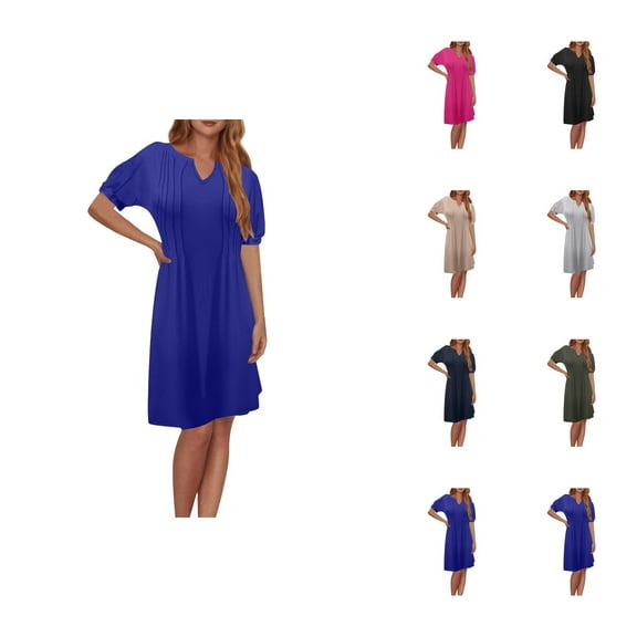 Tshirt Dress Women Summer Short Sleeve V Neck Loose Fit Pleated Casual Midi Dresses T Shirt Dresses for Women