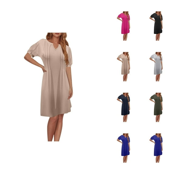 Tshirt Dress Women Summer Short Sleeve V Neck Loose Fit Pleated Casual Midi Dresses T Shirt Dresses for Women