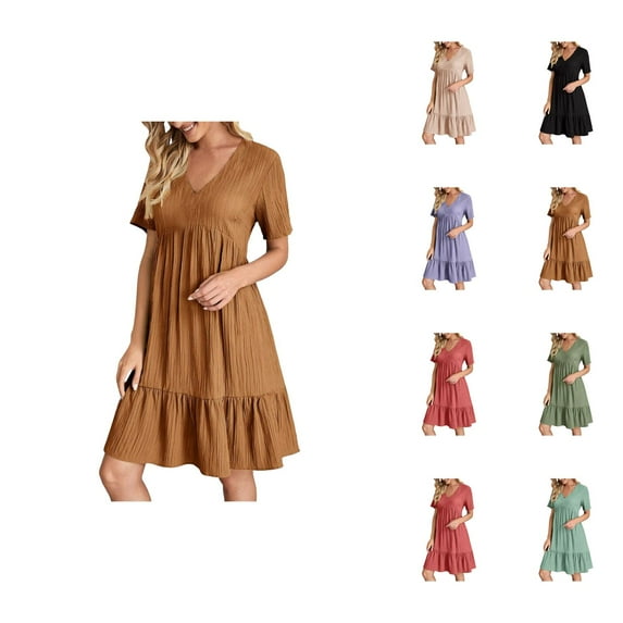 Tshirt Dress Women Summer Short Sleeve V Neck Loose Fit Ruffle Casual Flowy Midi Dresses T Shirt Dresses for Women