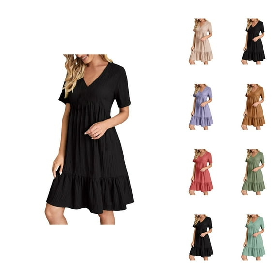 Tshirt Dress Women Summer Short Sleeve V Neck Loose Fit Ruffle Casual Flowy Midi Dresses T Shirt Dresses for Women