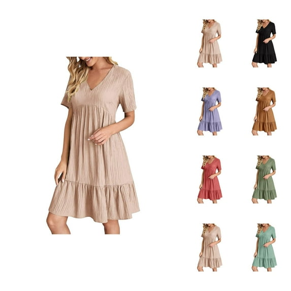 Tshirt Dress Women Summer Short Sleeve V Neck Loose Fit Ruffle Casual Flowy Midi Dresses T Shirt Dresses for Women
