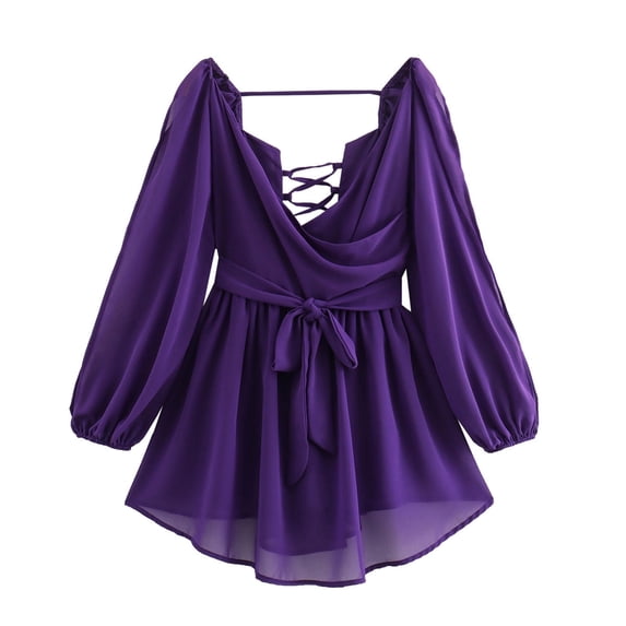 Tshirt Dress Women Women's V-Neck Long Sleeve Mini Dress Backless Layered Ruffle Short Dresses Flowy Party Clubwear S-226 Purple S