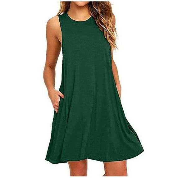 Tshirt Dress for Women Solid Sleeveless Tank Dresses Summer Casual T Shirt Dresses Loose Fit Swing Dress with Pockets