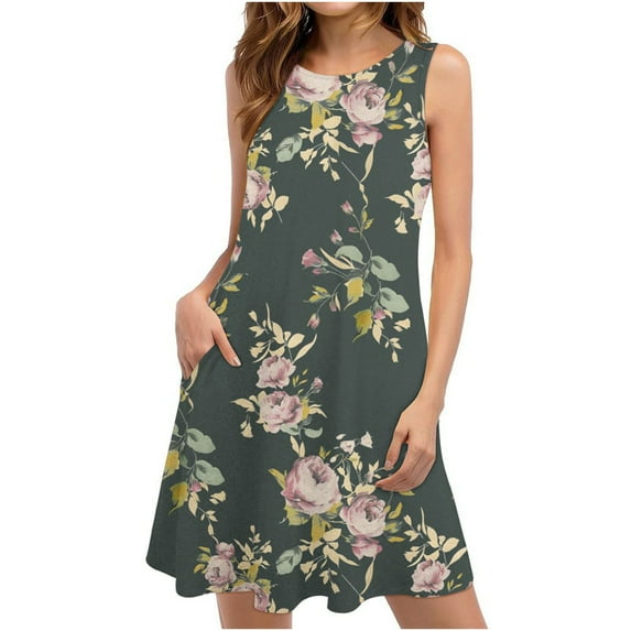 Tshirt Dress for Women Vintage Floral Print Sundress Solid Sleeveless Tank Dresses Loose Fit Swing Dress with Pockets