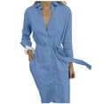 thumbnail image 1 of Tshirt Dresses for Women Lapel V-Neck Button Down Long Sleeve Dress Casual Loose Spring Autumn Long Dress with Belt, 1 of 8