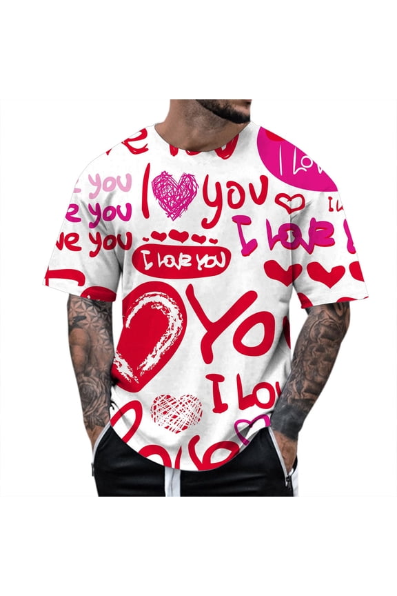 Tshirt for Men Valentine's Day Love Letter Print Crewneck Short Sleeve T Shirt for Men Soft Comfortable Casual Tee Tshirts Shirts for Men Graphic Watermelon Red XL