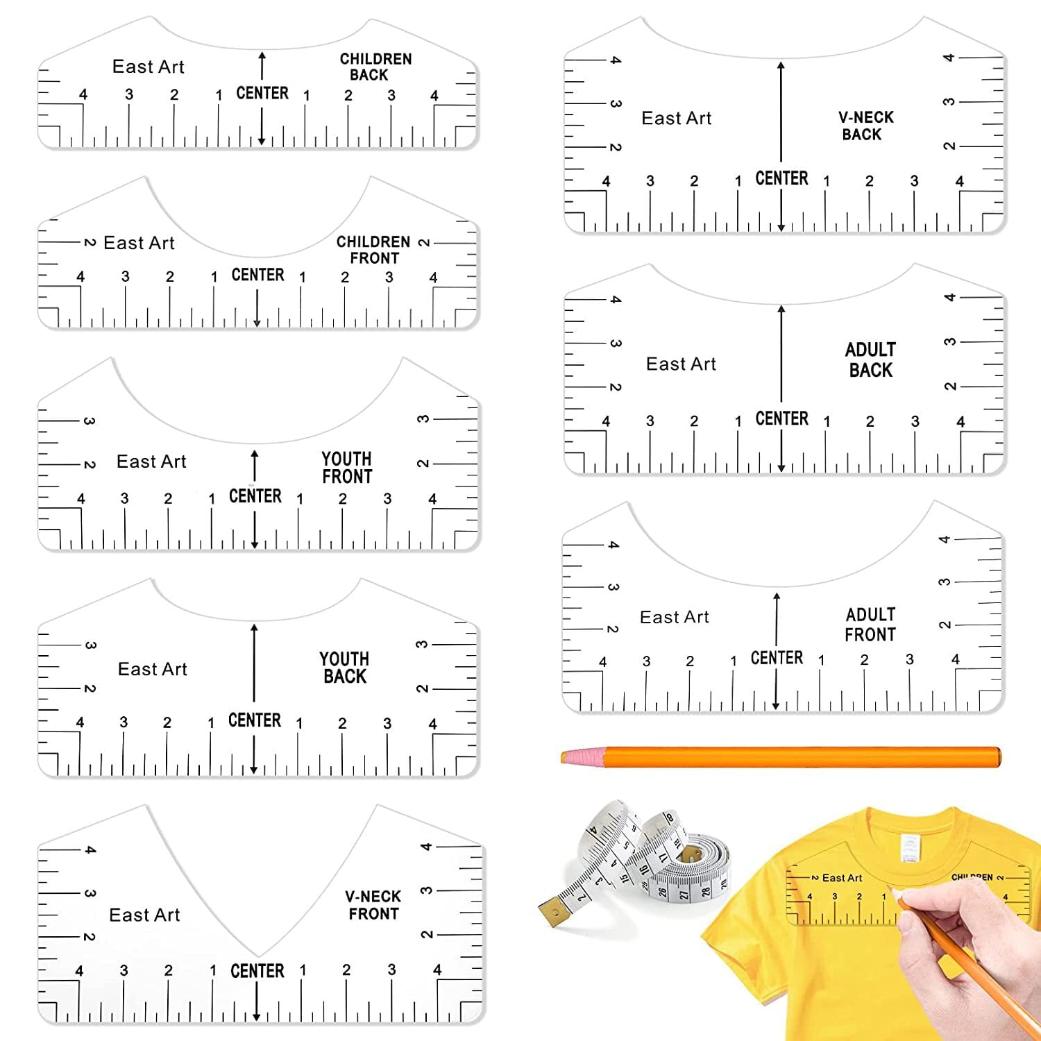 Tshirt Ruler Guide for Alignment, TShirt Rulers to Center Designs,  Alignment Tool with Soft Tape Measure,Pencil
