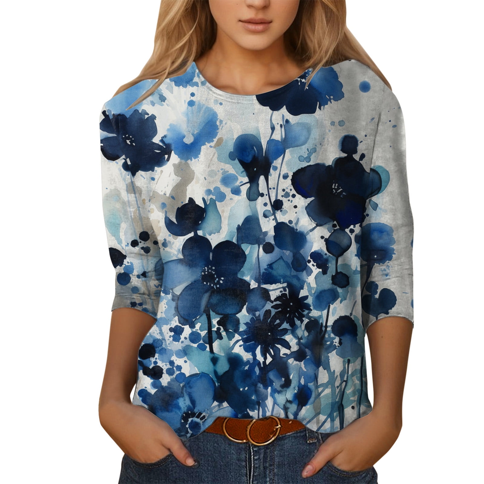 Tshirt Top for Women Three Quarter Dragonfly Print Women's 3/4 Sleeve