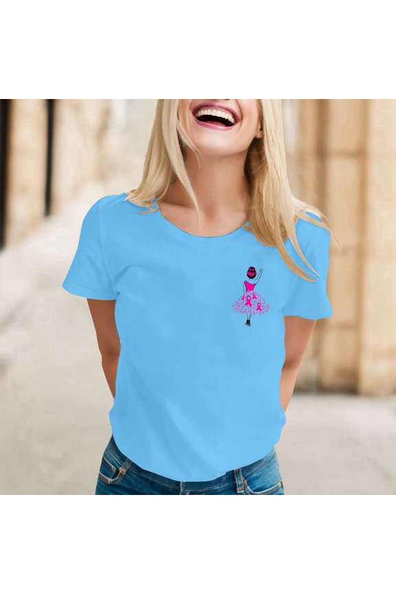 Tshirt Women Cancer Awareness Print Round Neck Short Sleeve Top Blue Power Women Blouse Blue L