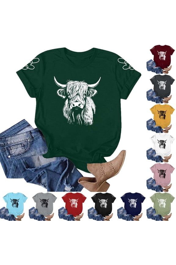 Tshirt Women Cow Print Crew Neck Short Sleeve Casual Animal Top Comfortable Women Blouses Black L
