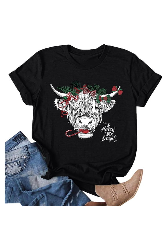 Tshirt Women Cow Print Crew Neck Short Sleeve Casual Blouse Comfortable Women Blouse Black L