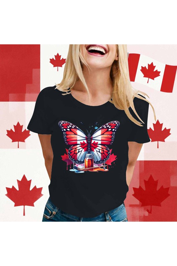 Tshirt Women Crew Neck Short Sleeve Loose Top Maple Theme Print Womens Tees Black L
