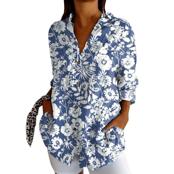 Tshirt Women Fall Long Sleeve Button Down Shirt with Fashion Print Hawaiian Shirt Ocean Print Shirt Blouse Blue XXXXL
