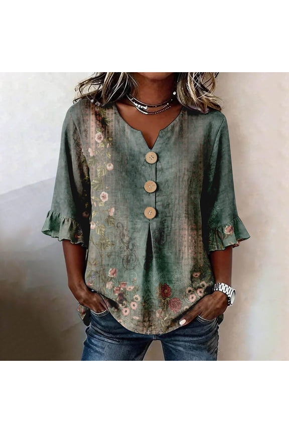Tshirt Women Floral Pattern Elbow-Length Sleeve Notch V Neck Soft Top Women Blouse Mint Green L