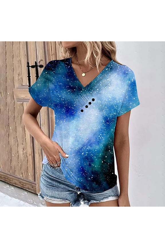 Tshirt Women Gradient Print Short Sleeve V Neck Star Loose Top Womens Blouse Sky Blue L