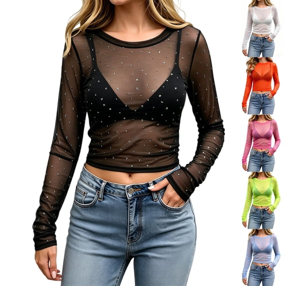 Tshirt Women Kelon Womens Mesh Layering Top Long Sleeve Shirts Mock Neck See Through Tee Shirt, 3XL